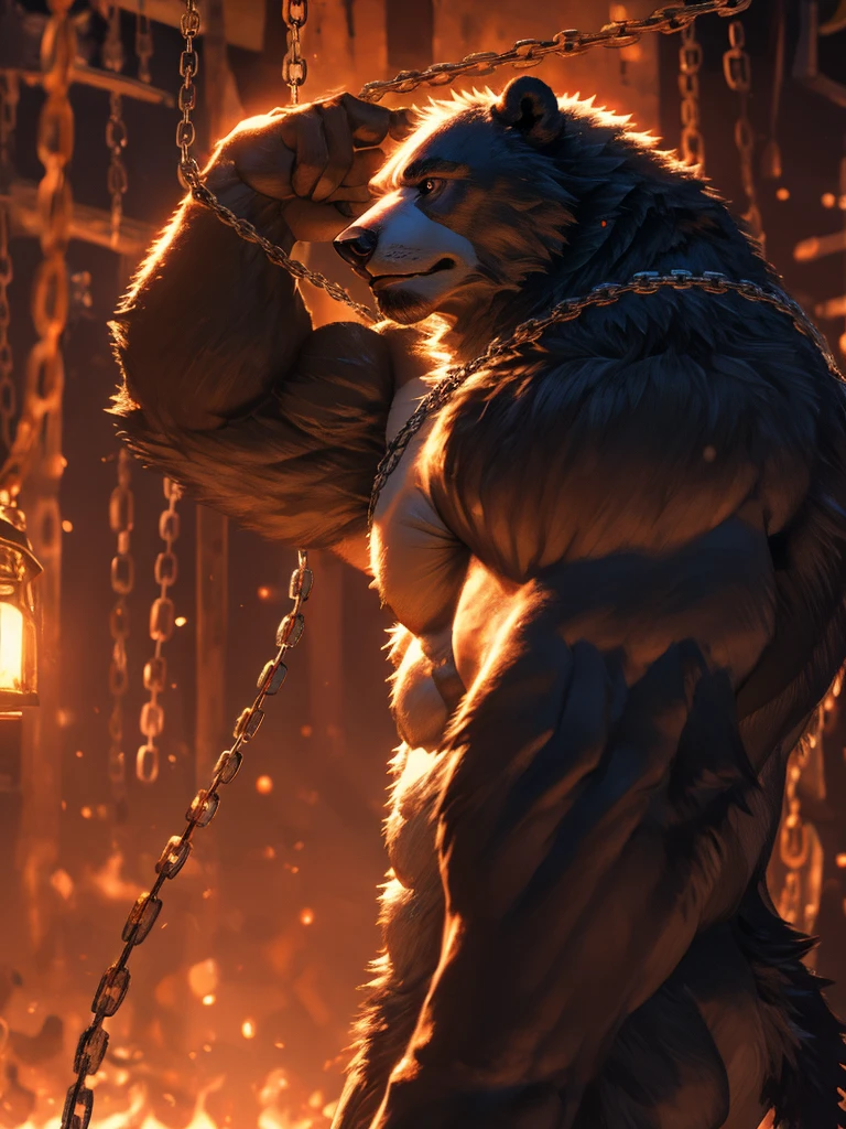 (tall) (muscular) (white bear:1.1), (shorts, shirtless), (chain), (detailed eyes), (detailed lips), (strong pose), [background:0.9], (best quality:1.2), (ultra-detailed), (realistic:1.37), [HDR], [studio lighting], (vivid colors), [bokeh], (portraits), (strong contrast), (warm color tone), (soft lighting)