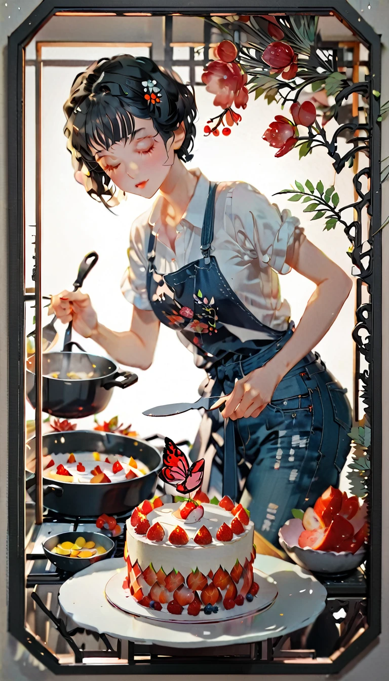 (((paper cutting style))), (frame of illustration is 3D paper cutting: 1.2), (denim and shirts), (black short hair), (random angle), (random pose), 1 girl, cooking cake