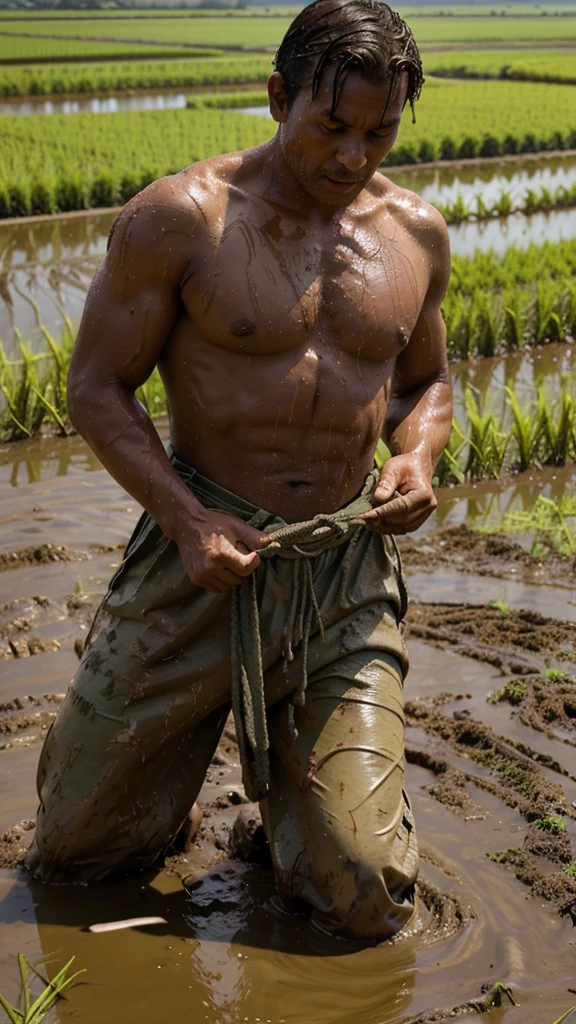 3D realistic photo, A skinny farmer pulls a rope held by a large man covered in mud in the middle of a green rice field, with a backdrop of rice fields and other farmers at work."