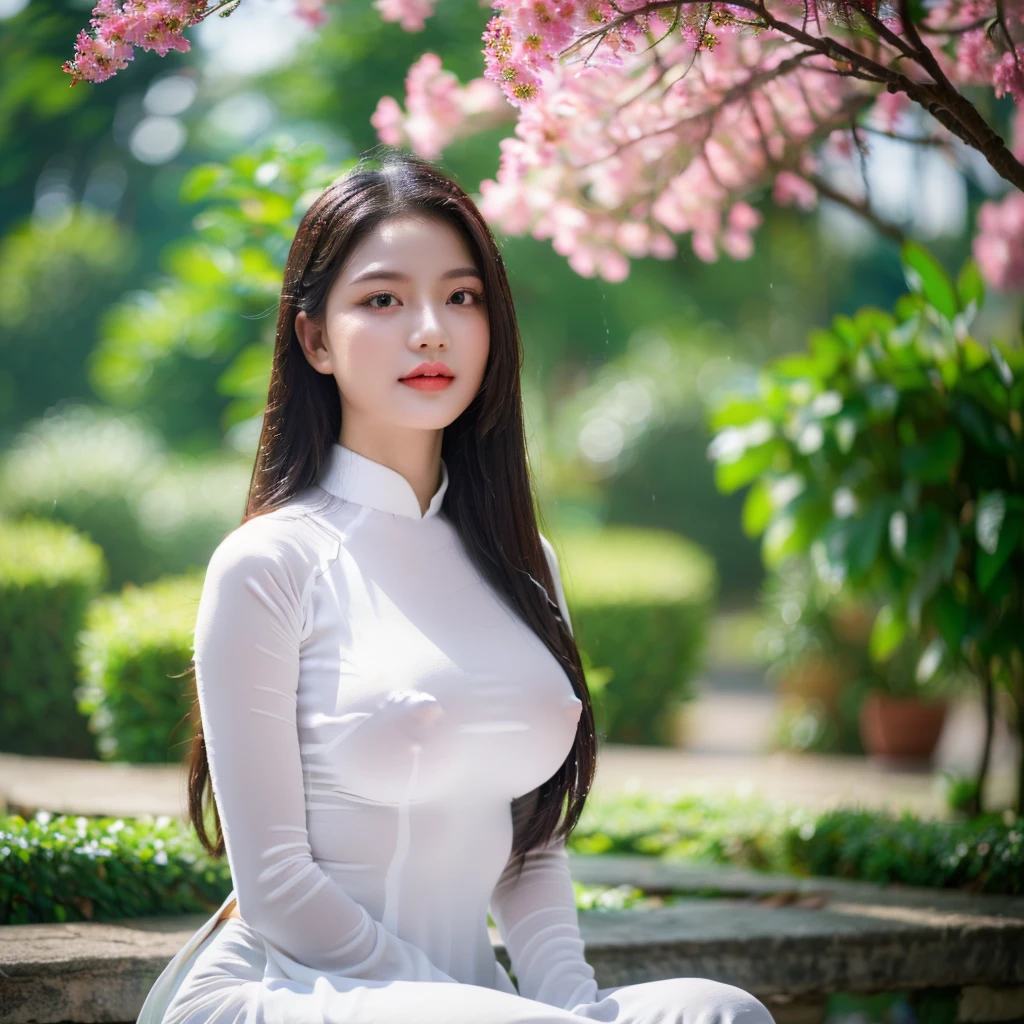 big breasts, round breasts, wearing bra inside ao dai, slim figure, beautiful figure, big breasts, long straight hair, ((sharp 8k quality photo)), ((details of beautiful, sharp face, face balanced) cho)), ((beautiful breasts, revealing cleavage, plump body), ((beautiful sparkling eyes, sharp eye details, beautiful face, balanced eyes)), ((sitting under a tree It's raining and the whole body is wet, the rain is wet, the ao dai shows the chest)), ((super beautiful body with high details, tight body, big breasts and slim waist)), ((round breasts, exposed breasts, beautiful nipples) )