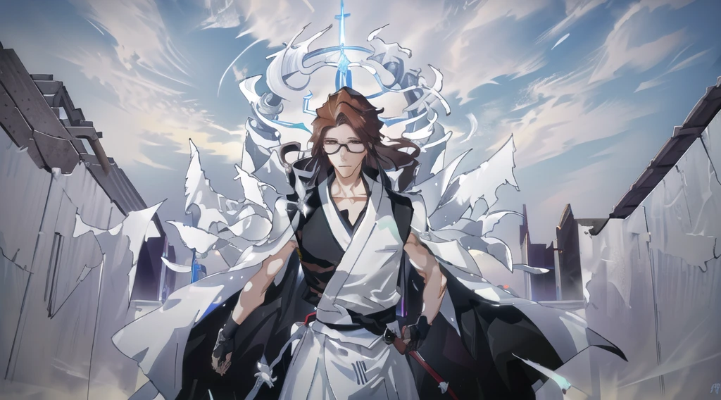 Sosuke Aizen, Bleach, bankai activation, ultra-detailed anime art style, flowing brown hair, piercing eyes behind glasses, white outfit with high collar, radiating immense spiritual pressure, zanpakuto Kyoka Suigetsu transforming into multiple weapons, shimmering energy tendrils, reality-warping visual effects, swirling vortex of power, ethereal glow, dramatic lighting, intense aura, godlike presence, hyper-realistic texture, 8k resolution, cinematic composition