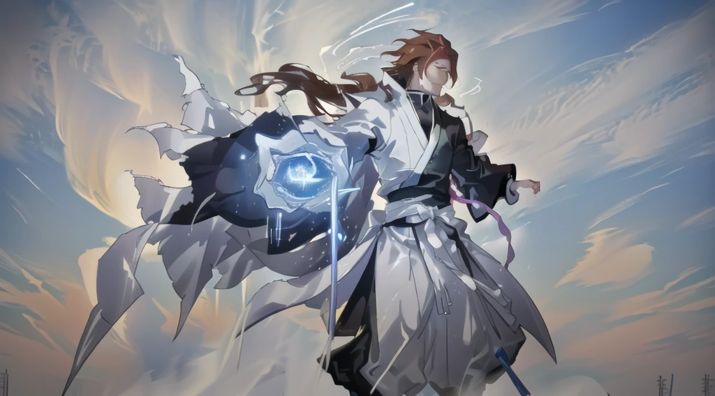 Sosuke Aizen, Bleach, bankai activation, ultra-detailed anime art style, flowing brown hair, piercing eyes behind glasses, white outfit with high collar, radiating immense spiritual pressure, zanpakuto Kyoka Suigetsu transforming into multiple weapons, shimmering energy tendrils, reality-warping visual effects, swirling vortex of power, ethereal glow, dramatic lighting, intense aura, godlike presence, hyper-realistic texture, 8k resolution, cinematic composition