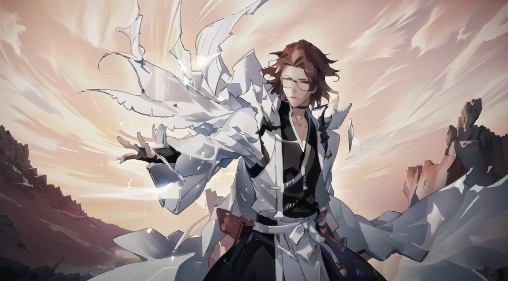 Sosuke Aizen, Bleach, bankai activation, ultra-detailed anime art style, flowing brown hair, piercing eyes behind glasses, white outfit with high collar, radiating immense spiritual pressure, zanpakuto Kyoka Suigetsu transforming into multiple weapons, shimmering energy tendrils, reality-warping visual effects, swirling vortex of power, ethereal glow, dramatic lighting, intense aura, godlike presence, hyper-realistic texture, 8k resolution, cinematic composition