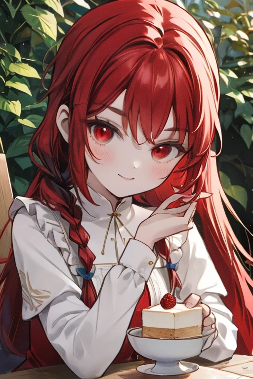 (8K, Highest quality, Tabletop:1.2)、Ultra-high resolution, Detailed face, Mischievous Smile, One -yeld gi Red eyes, Red hair, Braiding, Long Hair, Red ribbon on head, Red dress, blue sky, in the forest, wood, table cloth, Set of cake and tea on the table, Sit on a chair, (wedding dress:1.2)
