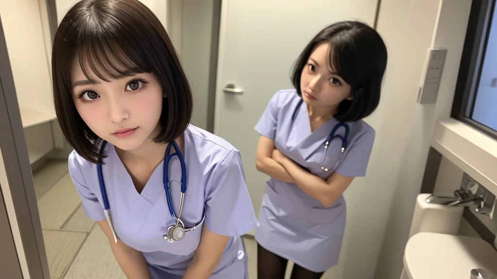 (1 Girl )、(Beautiful Japanese、24years old,round face、Refreshing、clear、seems kind、stylish、Pitiful、cute like an angel、cute、black eyes、(Single eyelid:1.3)、Beautiful skin), {(Japan human face:1.4),(General facial features)} , (((Beautiful breasts:0.4))),(((soft breasts))),(very cute),(short bob hair,black hair,),(enchanting eyes),(highlight on eyes:1.2)、(8K、Live shooting、highest quality、masterpiece:1.2、optimal lighting),(Photo taken by a professional photographer),(real、photo real:1.4),BREAK,{ (White nurse costume),(((taraditional nurse uniform))),,{(White nurse tight skirt)}},( Worried face),() BREAK, hospital,from above,(((1970s vibe)))、hospital ,standing,looking at viewer,
