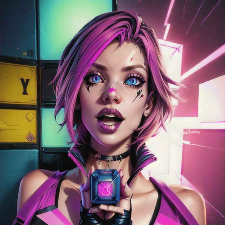 nervous woman in a pink jacket holding a cube with a glowing face, transhumanist cyberpunk cube, (cyberpunk) pink hair 1 girl, highly detailed eyes, open mouth.
