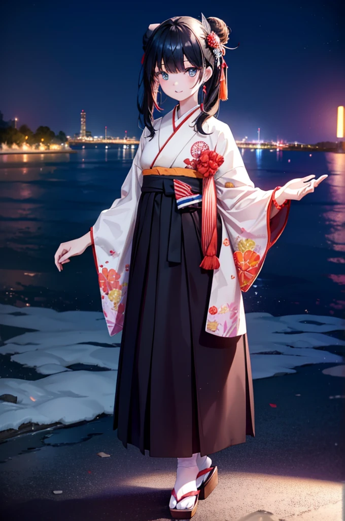 Takada Rokka, Black Hair, blue eyes, Long Hair, orange Scrunchie, Scrunchie, wrist Scrunchie,White Kimono,Thick sleeves,Long skirt,Sandals,日本のfestival,夏festivalの屋台,Red lantern,Hair Bun, double  Hair Bun,happy smile, smile, Open your mouth,Fireworks,The place is a fireworks display、Time is night,Walking,whole bodyがイラストに入るように,
break outdoors, festival,
break looking at viewer, whole body,
break (masterpiece:1.2), Highest quality, High resolution, unity 8k wallpaper, (shape:0.8), (Fine and beautiful eyes:1.6), Highly detailed face, Perfect lighting, Highly detailed CG, (Perfect hands, Perfect Anatomy),