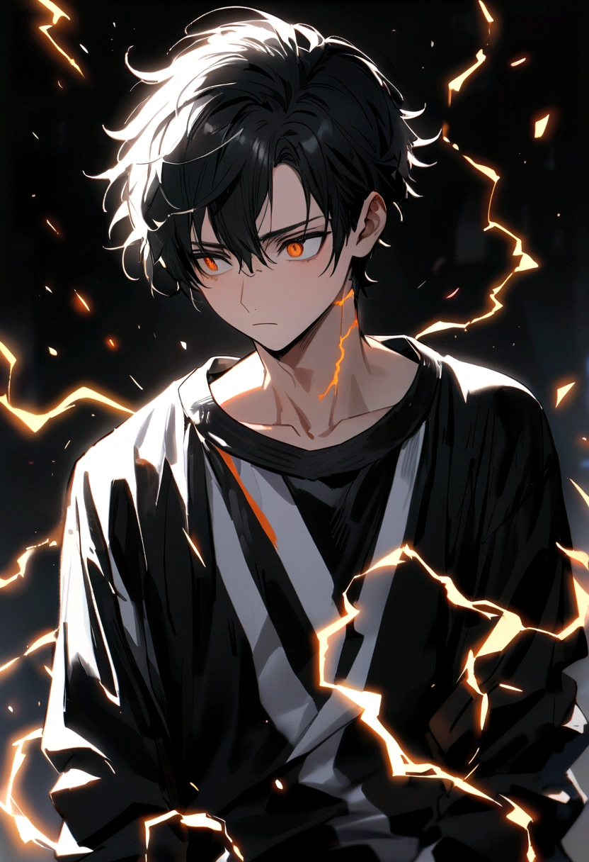 Man 17 years old Long black hair black and white sweatshirt with orange electricity on his body with a worried look