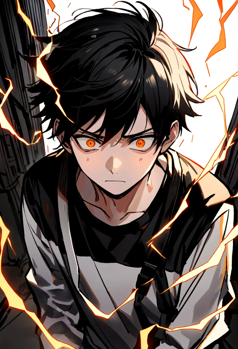 Man 17 years old Long black hair black and white sweatshirt with orange electricity on his body with a worried look
