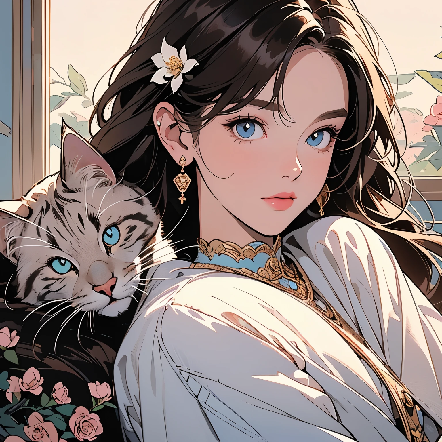 1 cat, (((logo))), background white only, (((emblem))), 32k, ultra detailed, frame, blue, (((1 woman and cat))), sparkling eyes, corporate logo, golden, panoramic, long shot, front, (((perfect detailed flowers))), perfect wolf, ultra detailed cat, top quality, masterpiece,cowboy shot, Built using the Golden Ratio, Awards, Perfect composition, Ultra HD, Magazine cover, Detailed hair, pale lighting, Perfect beautiful woman, mysterious, feather ornament, brown hair, Light on the face.