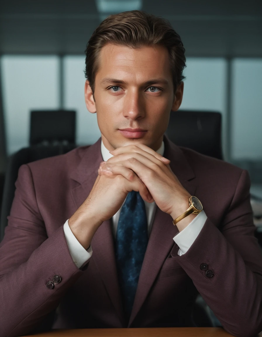 (8K), (Best quality) , (best details), (ultra realistic), (high resolution), (Masterpiece:1.2), (UHD), portrait, res, Robust construction,Vivid colors,Soft lighting, Subtle shadows, vibrant color palette, ((office is filled with James from Netherlands who is a businessman, tailored in blazer, sits at his desk, sitting in middle)), ((macro lens)), dark atmosphere, (focus on fingers)), ((correct five fingers only)), ((focused on eyes)), masculine expressions, photography, dslr, 35mm, Fujifilm Superia Premium 400, Nikon D850 film stock photograph, Kodak Portra 400 f1.6 lens, 8k, UHD