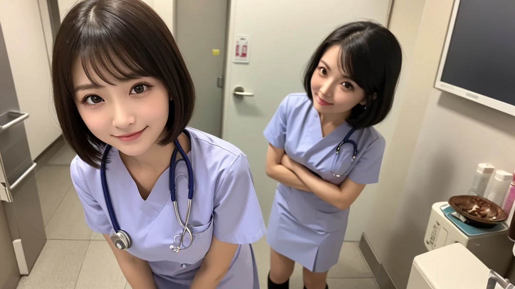 (1 Girl )、(Beautiful Japanese、24years old,round face、Refreshing、clear、seems kind、stylish、Pitiful、cute like an angel、cute、black eyes、(Single eyelid:1.3)、Beautiful skin), {(Japan human face:1.4),(General facial features)} , (((Beautiful breasts:0.4))),(((soft breasts))),(very cute),(short bob hair,black hair,),(enchanting eyes),(highlight on eyes:1.2)、(8K、Live shooting、highest quality、masterpiece:1.2、optimal lighting),(Photo taken by a professional photographer),(real、photo real:1.4),BREAK,{ (White nurse costume),(((taraditional nurse uniform))),,{(White nurse tight skirt)}},( Smile),() break, hospital,from above,(((1970s vibe)))、Hospital ,standing,looking at viewer,口を開けて笑っている