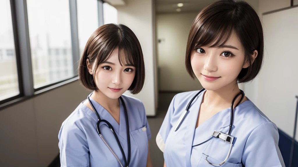 (1 Girl )、(Beautiful Japanese、24years old,round face、Refreshing、clear、seems kind、stylish、Pitiful、cute like an angel、cute、black eyes、(Single eyelid:1.3)、Beautiful skin), {(Japan human face:1.4),(General facial features)} , (((Beautiful breasts:0.4))),(((soft breasts))),(very cute),(short bob hair,black hair,),(enchanting eyes),(highlight on eyes:1.2)、(8K、Live shooting、highest quality、masterpiece:1.2、optimal lighting),(Photo taken by a professional photographer),(real、photo real:1.4),BREAK,{ (White nurse costume),(((taraditional nurse uniform))),,{(White nurse tight skirt)}},( Smile),() break, hospital,from above,(((1970s vibe)))、Hospital ,standing,looking at viewer,口を開けて笑っている