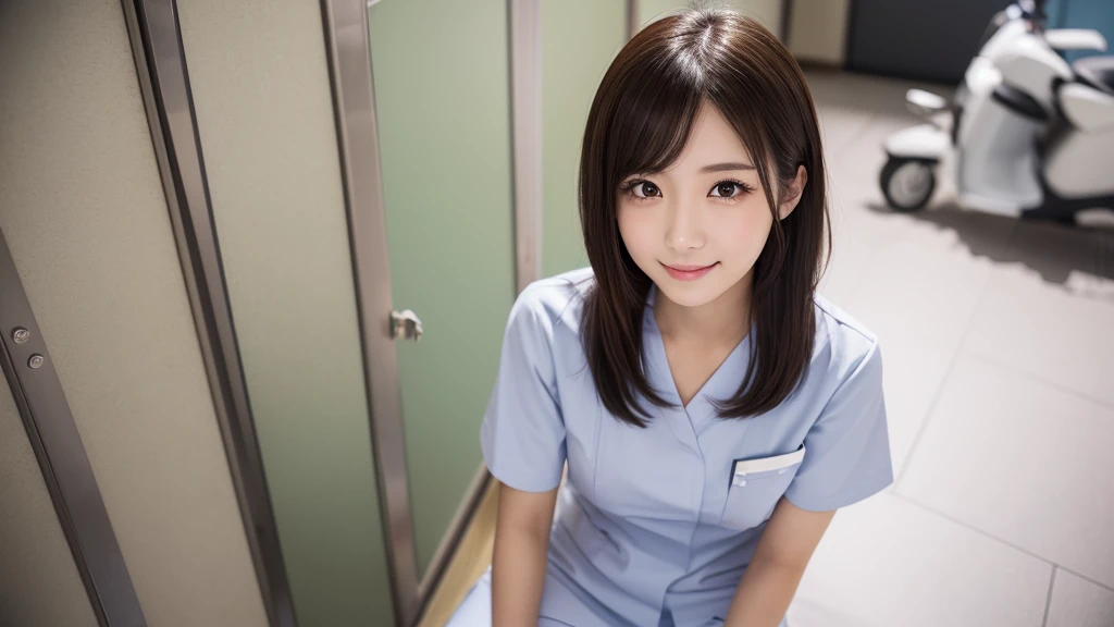 (1 Girl )、(Beautiful Japanese、24years old,round face、Refreshing、clear、seems kind、stylish、Pitiful、cute like an angel、cute、black eyes、(Single eyelid:1.3)、Beautiful skin), {(Japan human face:1.4),(General facial features)} , (((Beautiful breasts:0.4))),(((soft breasts))),(very cute),(short bob hair,black hair,),(enchanting eyes),(highlight on eyes:1.2)、(8K、Live shooting、highest quality、masterpiece:1.2、optimal lighting),(Photo taken by a professional photographer),(real、photo real:1.4),BREAK,{ (White nurse costume),(((taraditional nurse uniform))),,{(White nurse tight skirt)}},( Smile),() break, hospital,from above,(((1970s vibe)))、Hospital ,standing,looking at viewer,口を開けて笑っている