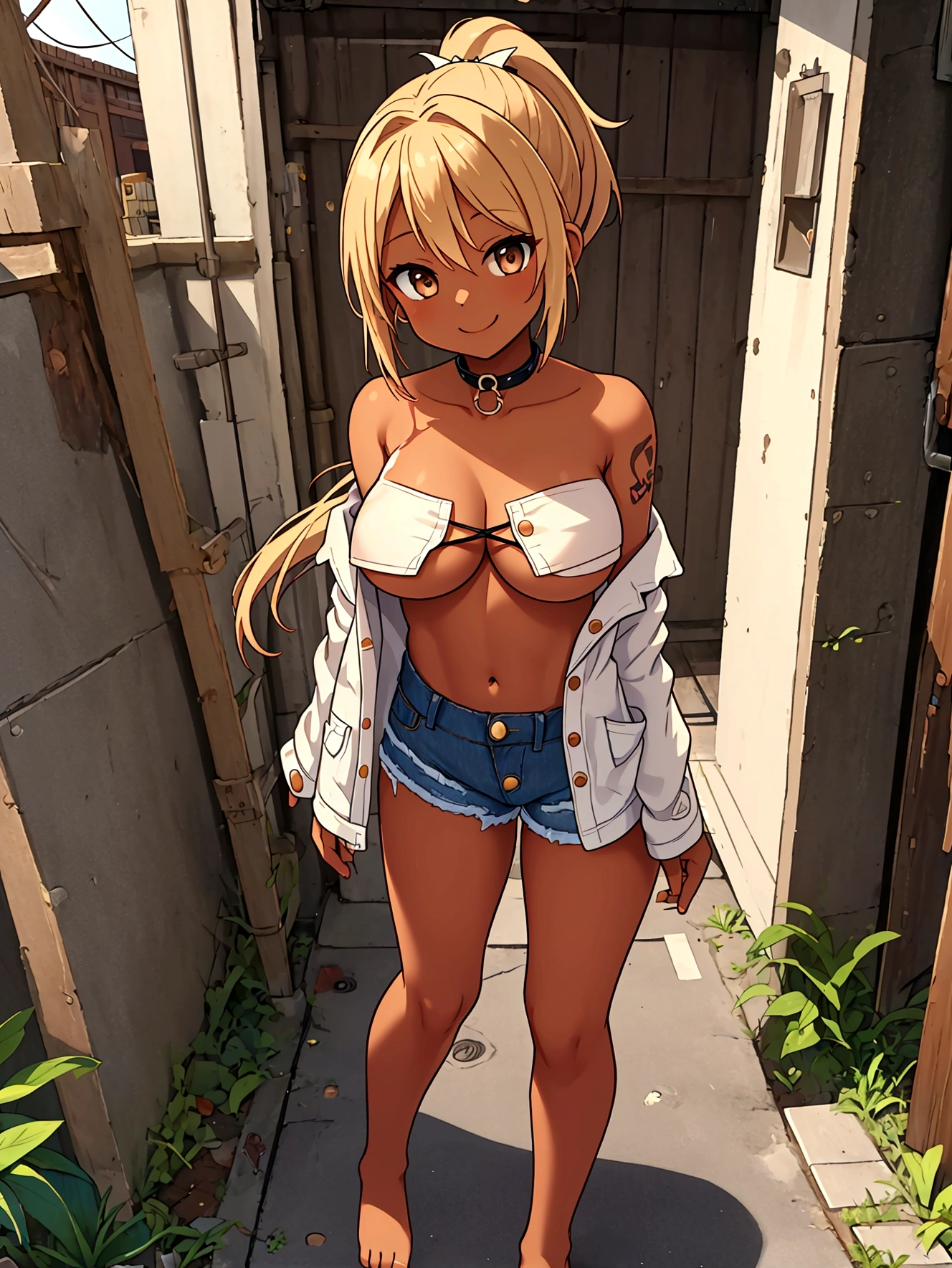 girl,(masterpiece,Highest quality),Street,(Brown Skin),(Completely naked),Bare shoulders、Gal、Blonde、smile、Big Breasts,ponytail、(Underboob),Cleavage,Torn(Tube top)、looking at the camera、shoes、Damage shorts,(Tattered)Micro Mini Denim Shorts(Open button),TornMicro Mini Denim Shorts,solo、Are standing、barefoot,
