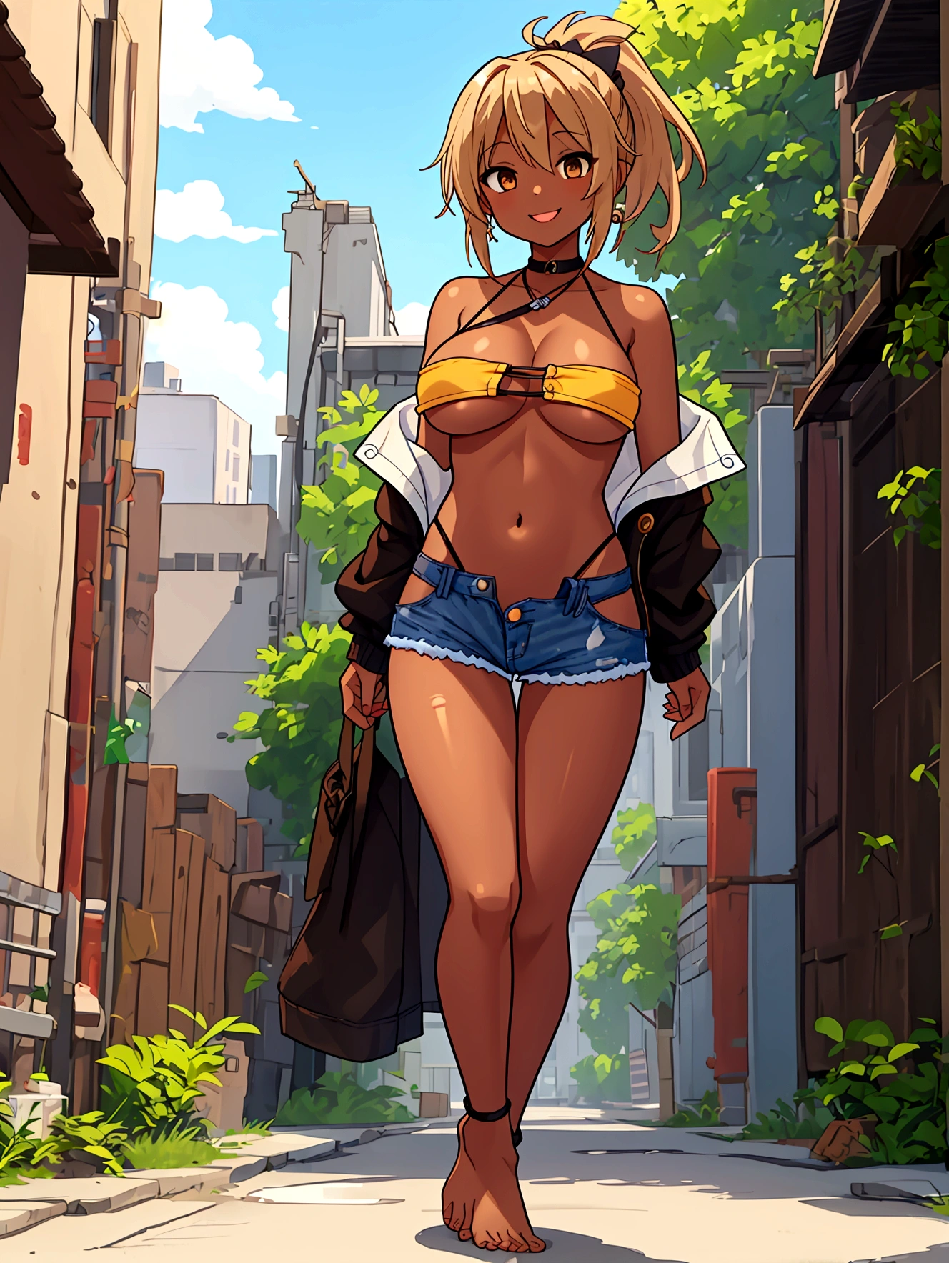 girl,(masterpiece,Highest quality),Street,(Brown Skin),(Completely naked),Bare shoulders、Gal、Blonde、smile、Big Breasts,ponytail、(Underboob),Cleavage,Torn(Tube top)、looking at the camera、shoes、Damage shorts,(Tattered)Micro Mini Denim Shorts(Open button),TornMicro Mini Denim Shorts,solo、Are standing、barefoot,