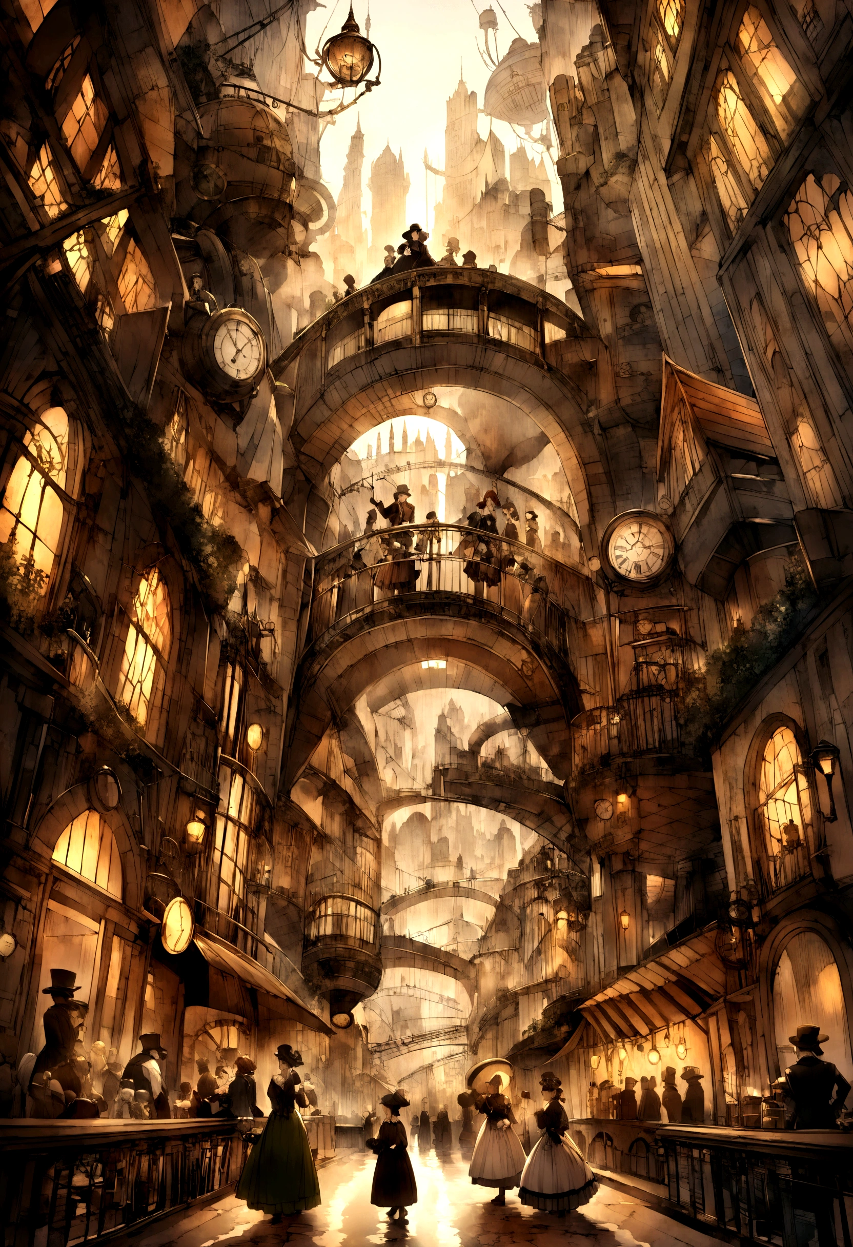 A bustling steampunk city lined with brass and steel skyscrapers、It is connected by a complex network of pipes and gears.。An airship floats in the air、Citizens dressed in Victorian clothing go about their daily lives。