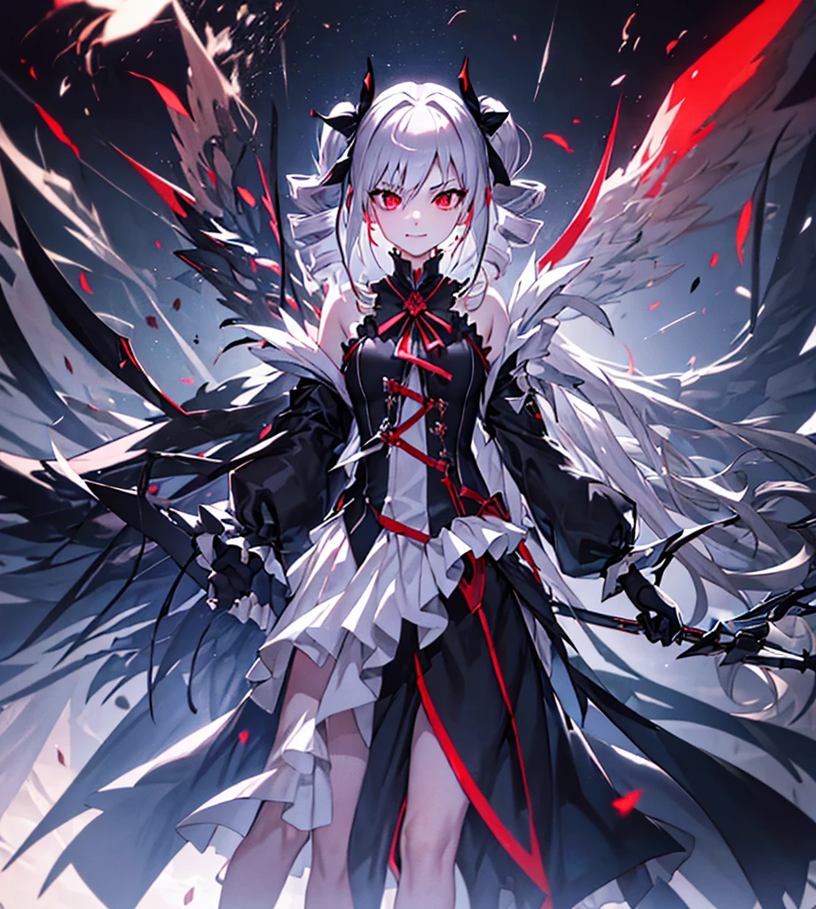 Silver hair, twin drills, abyss, large black wings, jet black sword in one hand, countless swords wrapped around his body, sharp gaze, red light running through his eyes, raised corners of his mouth, open arms, blue flames, all alone, scary smile