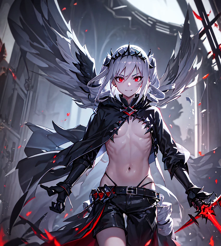 Silver hair, twin drills, abyss, large black wings, jet black sword in one hand, countless swords wrapped around his body, sharp gaze, red light running through his eyes, raised corners of his mouth, open arms, blue flames, all alone, scary smile