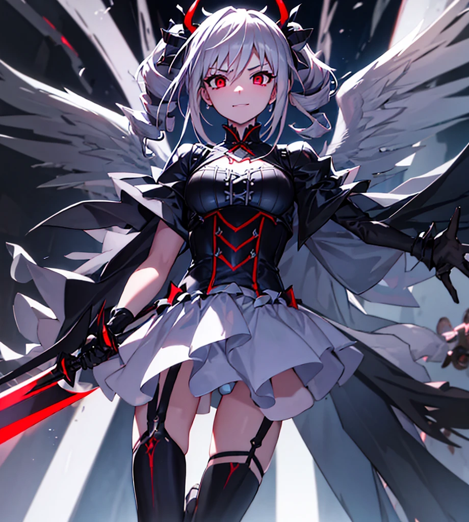 Silver hair, twin drills, abyss, large black wings, jet black sword in one hand, countless swords wrapped around his body, sharp gaze, red light running through his eyes, raised corners of his mouth, open arms, blue flames, all alone, scary smile