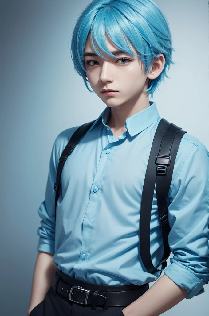 Cartoon character boy  with light blue hair blue blouse half body 2D