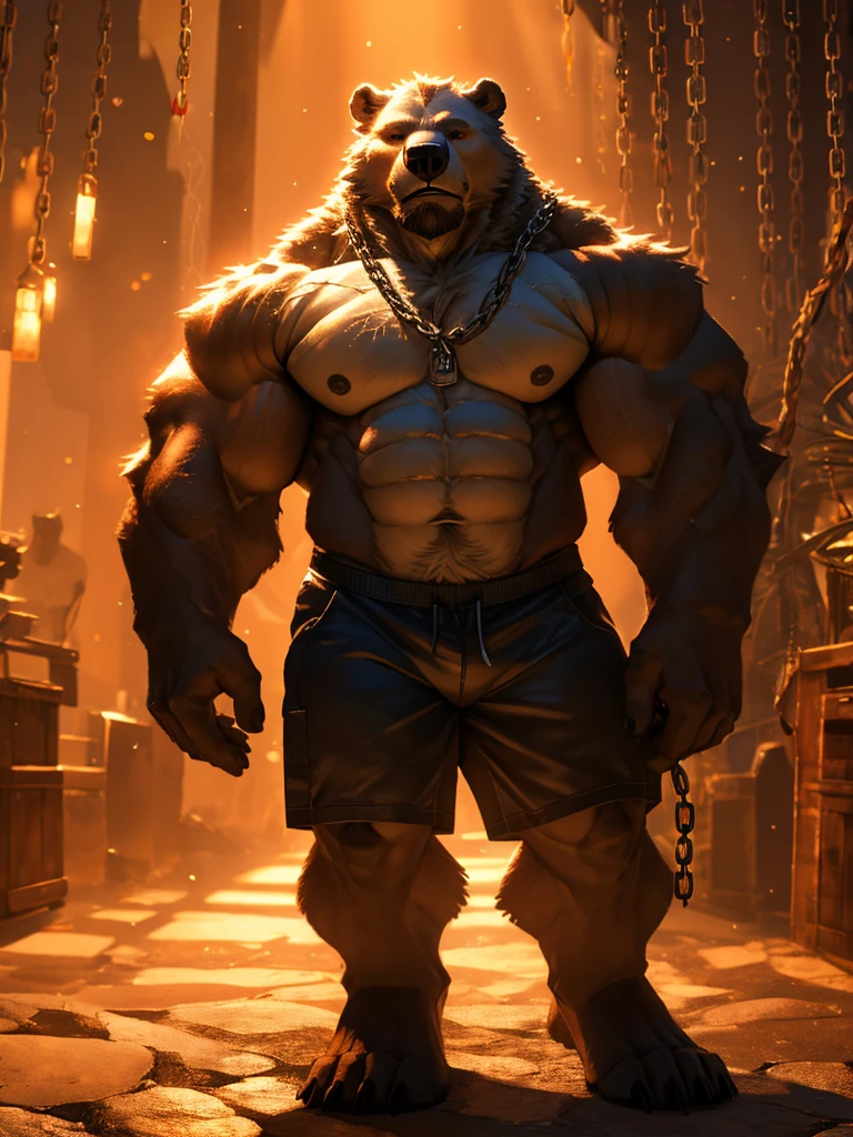 (tall) (muscular) (white bear:1.1), (shorts, shirtless), (chain), (detailed eyes), (detailed lips), (strong pose), [background:0.9], (best quality:1.2), (ultra-detailed), (realistic:1.37), [HDR], [studio lighting], (vivid colors), [bokeh], (portraits), (strong contrast), (warm color tone), (soft lighting)