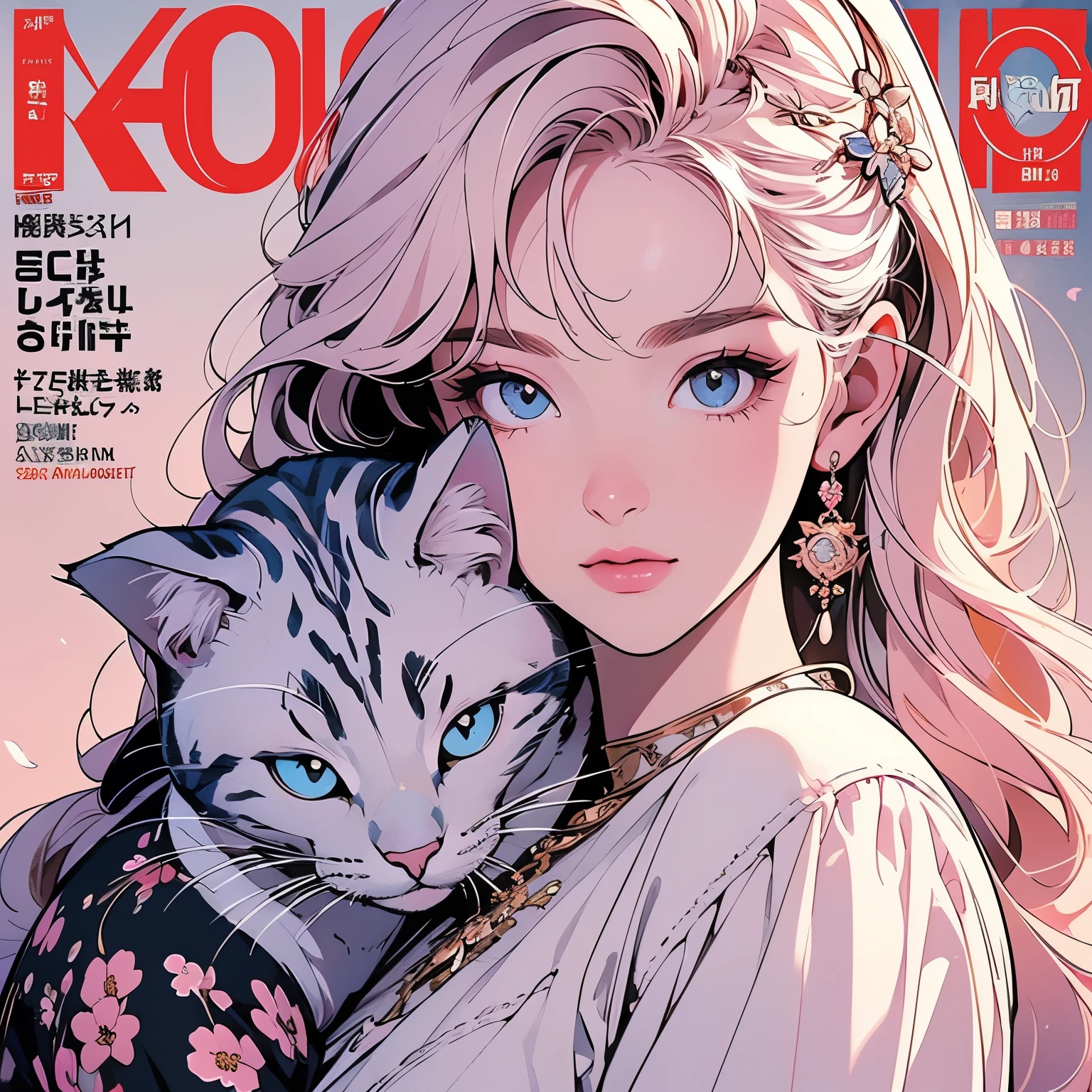 1 cat, (((logo))), background white only, (((emblem))), 32k, ultra detailed, frame, blue, (((1 woman and cat))), sparkling eyes, corporate logo, golden, panoramic, long shot, front, (((perfect detailed flowers))), perfect wolf, ultra detailed cat, top quality, masterpiece,cowboy shot, Built using the Golden Ratio, Awards, Perfect composition, Ultra HD, (((Magazine cover))), Detailed hair, pale lighting, Perfect beautiful woman, mysterious, feather ornament,Pale pink hair, Light on the face.