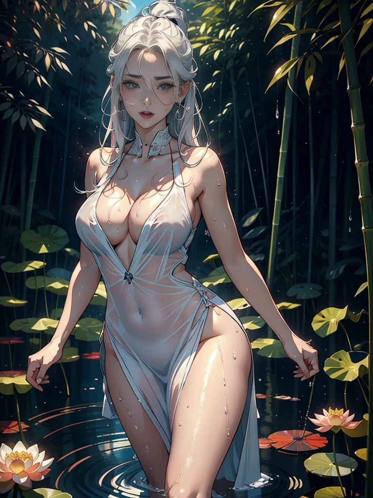 1womanl,35 year old,Huge breasted,Pornographic exposure, only,(Background with:bamboo forest,lotus,Lotus flower,exteriors,lotus pond) She has short silvery white hair,standing,sweat profusely,soaked all over the body,seen from the front, slickedback hair, almost cloudy sky,(((Masterpiece artwork),(very detailed CG Unity 8k wallpaper),best qualityer,cinematic lighting,detailed back ground,beautiful detailed eyes,shiny pupils,thin and beautiful black eyes),(Beautiful and detailed description of the eyes),ultra detali,Masterpiece artwork,)),facing the camera,A high resolution,ultra detali),Revealing breasts,Naked genitals, protuberance,legs are open,Raised sexy,camel fingers,Ruddy complexion,with open mouth,facade,(Wear sexy transparent dresses,breasts bare,Lower body naked,exposing the ,sports shoes)