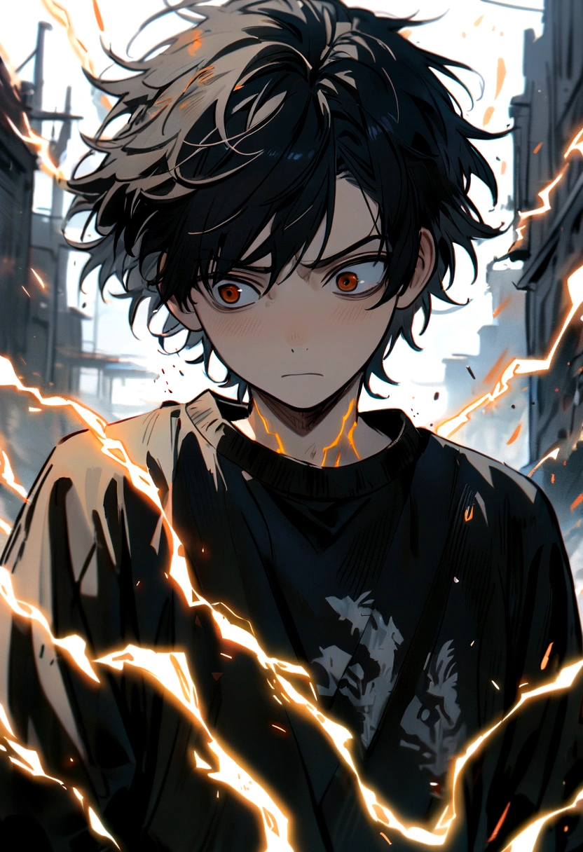Man 17 years old Long black hair black and white sweatshirt with orange electricity on his body with a worried look