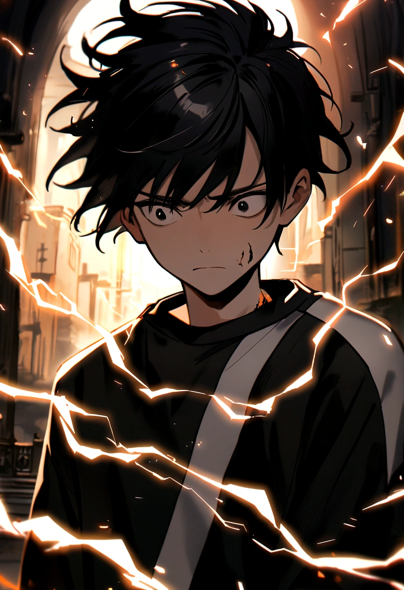 Man 17 years old Long black hair black and white sweatshirt with orange electricity on his body with a worried look