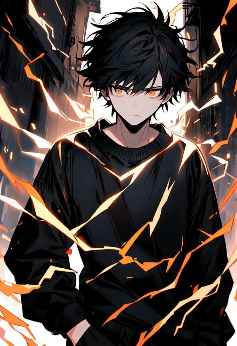 Man, 17 years old, long black hair, black and white sweatshirt with red electricity on his body, manipulative face