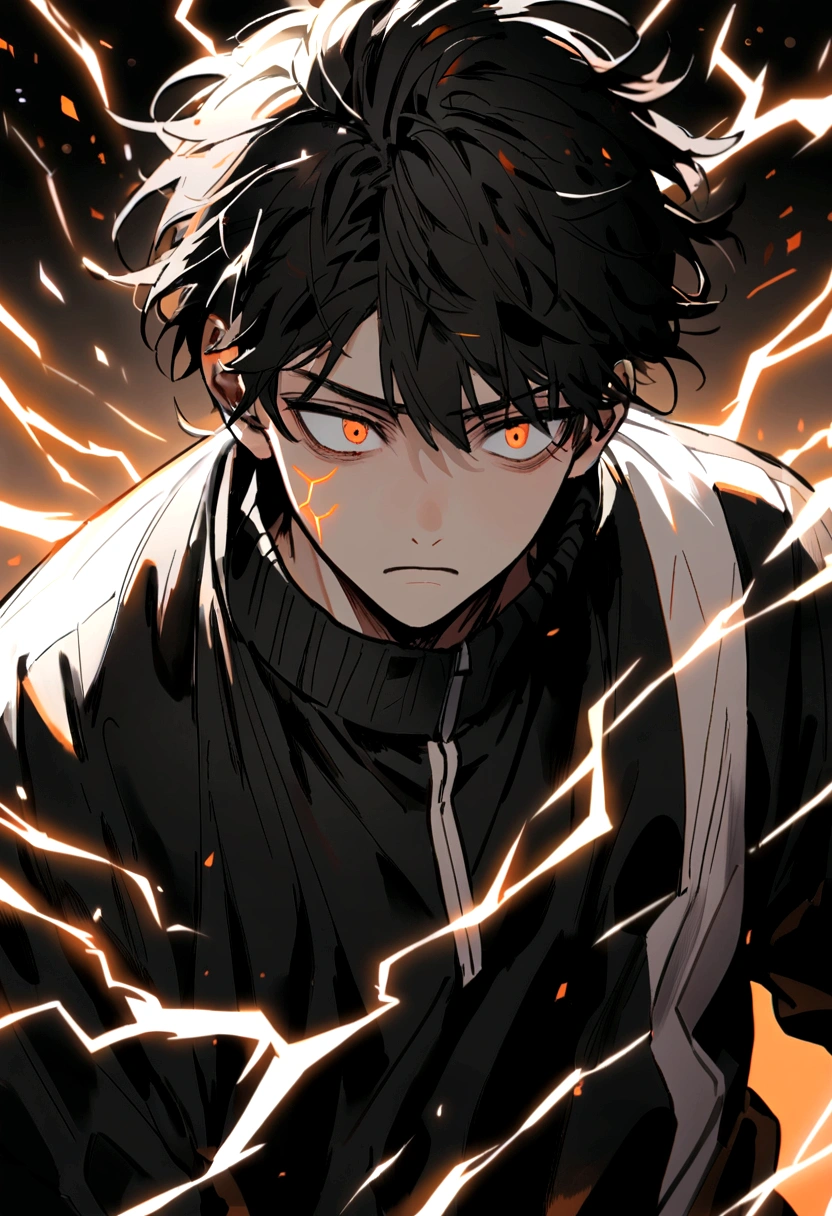 Man 17 years old Long black hair black and white sweatshirt with orange electricity on his body with a worried look
