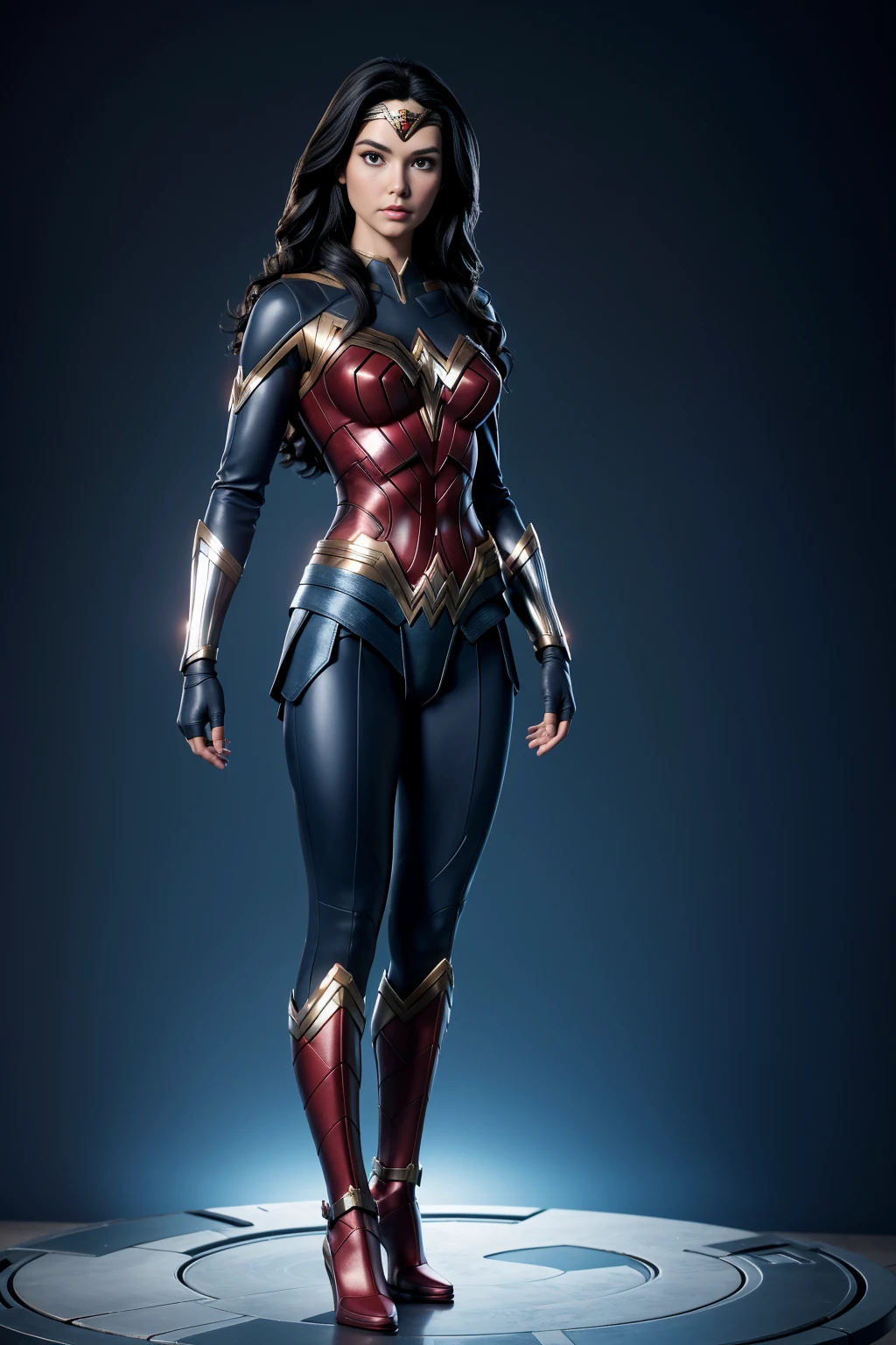 ((full body photo, standing, feet on the ground)),"Wonder Woman restrained and enclosed in a sleek, futuristic body suit."