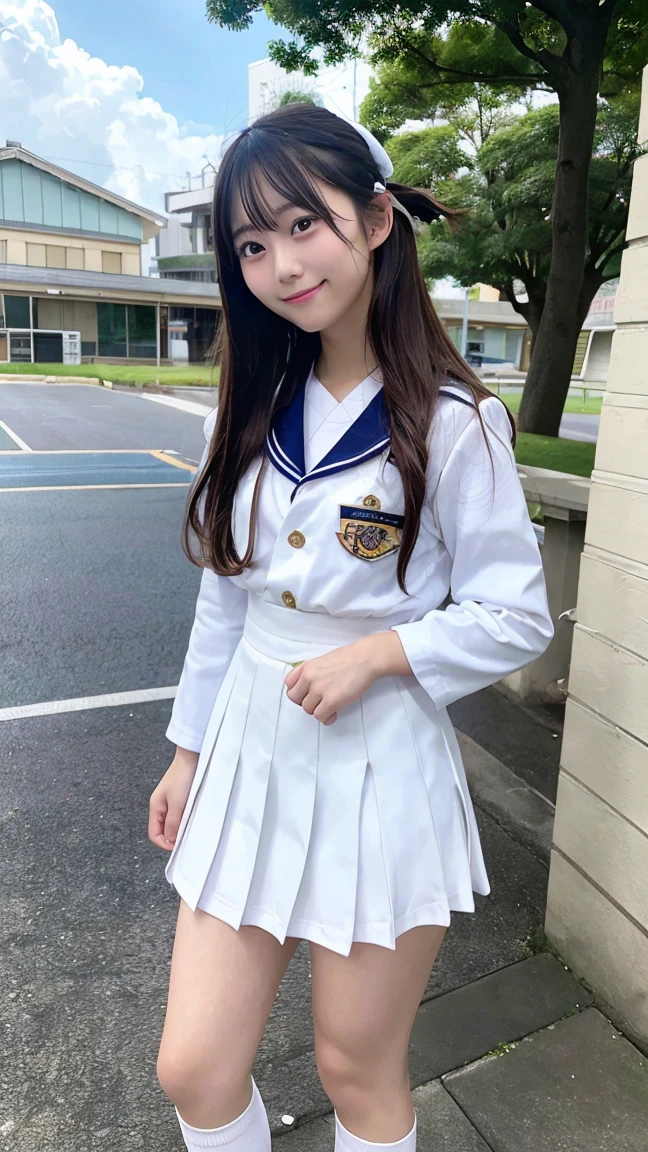 photo, real, female, Japanese, high school student, uniform, sailor suit, young, sky, smile, wind, clear sky, cloud, blue