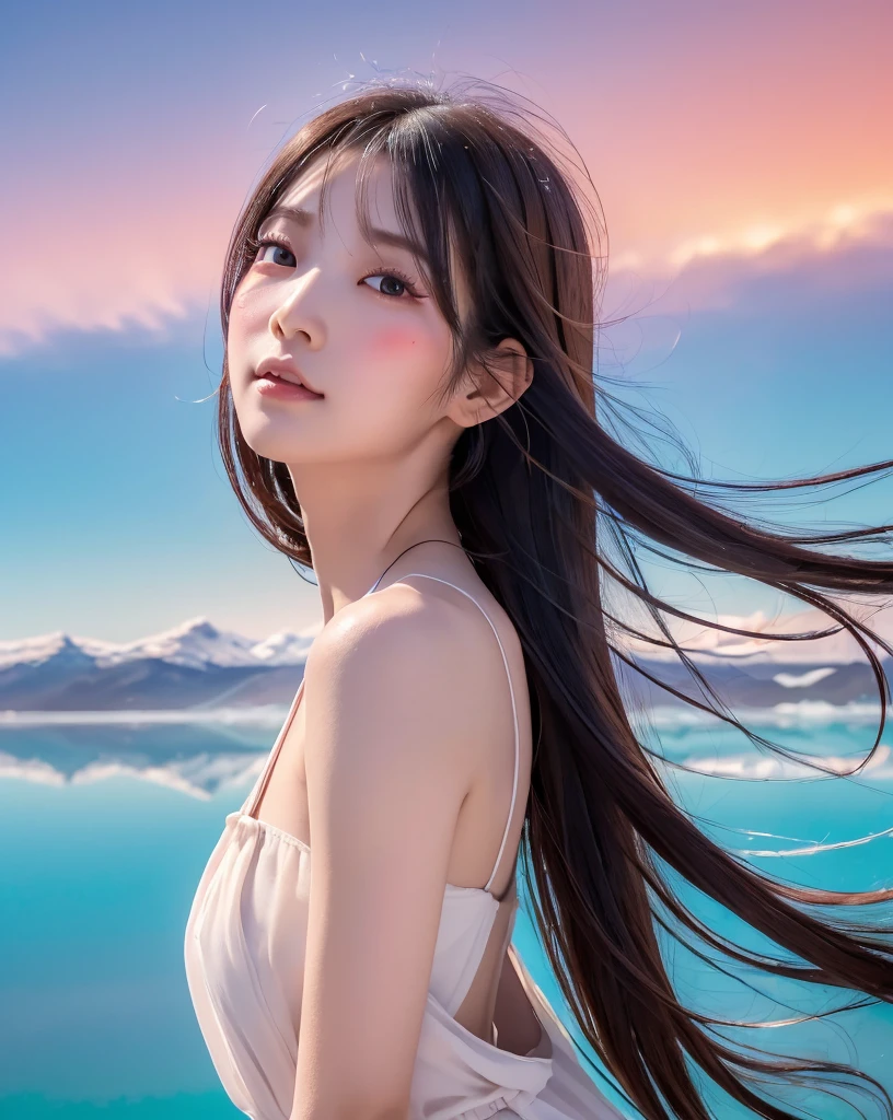 (Highest quality, 32k, High resolution, Masterpiece:1.5), marimo_jet, god々A photograph with brilliant dazzling and healing power., Expressing emotions, Have a rich imagination, Beautiful Japanese Girls, An exceptionally beautiful face, Small Face Beauty, Perfect Human Anatomy, Magical big eyes, Motherhood and generosity, Deep Love, fleeting smile, Shiny black hair, Beautiful super long hair swaying in the wind, Asymmetrical bangs, Hair between the eyes, Transparent, soft white skin, Sharp eyebrows, Thin lashes, Natural Makeup, Cheek highlighter, Pale pink detailed lips, (Red dress:1.3), ((High resolutionの美しい太もも)), ((Distant Horizon:1.5)), ((Salar de Uyuni stretches to the horizon:1.3)), ((The earth reflects the sky like a mirror:1.3)), Beautiful detailed blue sky, Professional photographer, Professional Lighting, Professional models