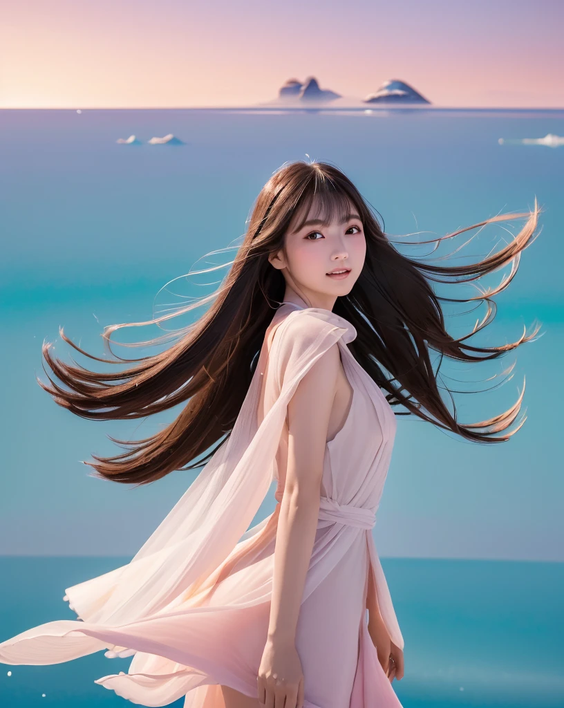 (Highest quality, 32k, High resolution, Masterpiece:1.5), marimo_jet, god々A photograph with brilliant dazzling and healing power., Expressing emotions, Have a rich imagination, Beautiful Japanese Girls, An exceptionally beautiful face, Small Face Beauty, Perfect Human Anatomy, Magical big eyes, Motherhood and generosity, Deep Love, fleeting smile, Shiny black hair, Beautiful super long hair swaying in the wind, Asymmetrical bangs, Hair between the eyes, Transparent, soft white skin, Sharp eyebrows, Thin lashes, Natural Makeup, Cheek highlighter, Pale pink detailed lips, (Red dress:1.3), ((High resolutionの美しい太もも)), ((Distant Horizon:1.5)), ((Salar de Uyuni stretches to the horizon:1.3)), ((The earth reflects the sky like a mirror:1.3)), Beautiful detailed blue sky, Professional photographer, Professional Lighting, Professional models