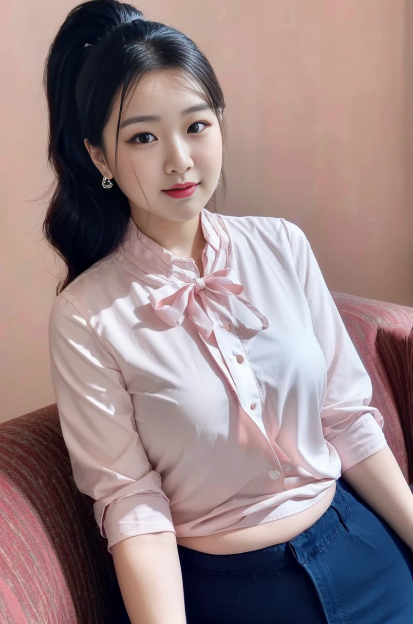 (top quality、8k、masterpiece:1.3))、30-year-old Korean woman,sharp focus, High level of image quality, high resolution,facial focus,Portrait ID photo,Upper body photo。Draw lips correctly, red lipstick,Wear a gray shirt,Pink floral bow tie。wavy long hair,hair tied up,ponytail,Mature,charming smile,Pink warm color background,solid color background