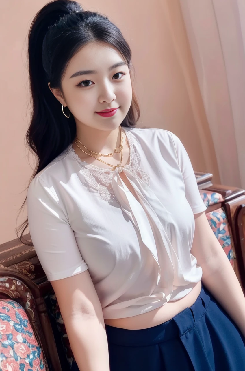 ((best quality)), ((masterpiece)), (detailed), perfect face, araffe woman in a long dark-blue shirt and blue denim skirt walking down a street, thicc, wavy short hair , she has a jiggly fat round belly, chan, wearing tight simple clothes, skinny waist and thick hips, widest hips, her belly is fat and round, soft curvy shape, hyperrealistic full figure, wearing a cute top, wide hips, wearing 10 bracelet , wearing huge diamond necklace Good clear image