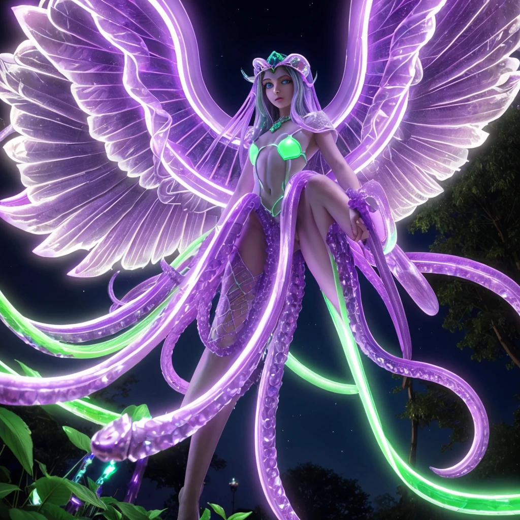 A eldritch angel (central body of a violet lion, 6 pairs of radiant crystal wings, numerous white tentacle eyestalks with neon green eyes) has appeared in a holy corona and approaching the viewer set in a park in daytime