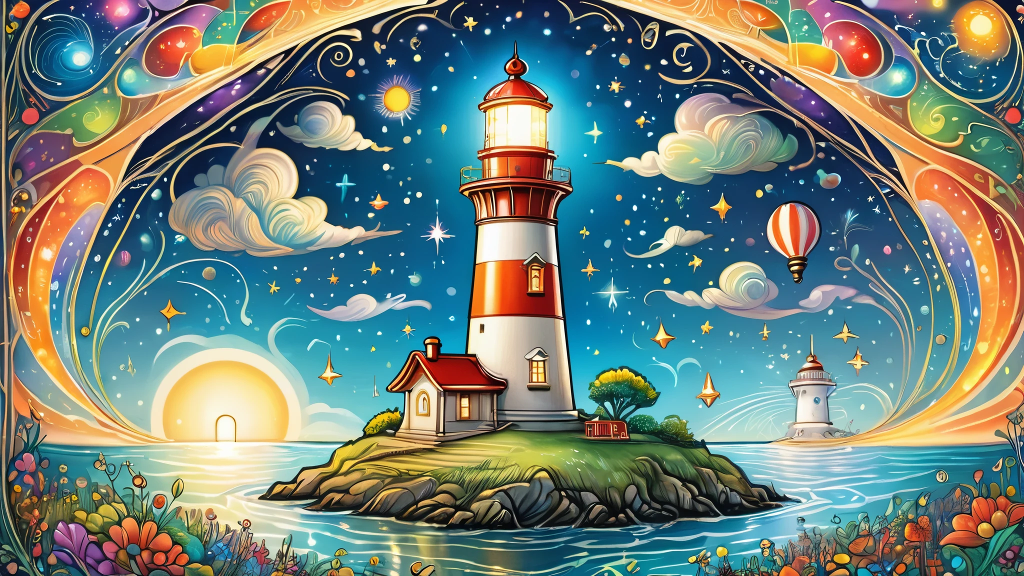 (A large close-up of a shining lighthouse in the center):looks happy,An illustration,pop,colorfulに,draw with thick lines,color,dim,Lamp light,、Dreaming happy dreams,Warm and full of happiness,,colorful,Fancy,Fantasy,Detailed explanation,fluffy,Randolph Caldecott Style