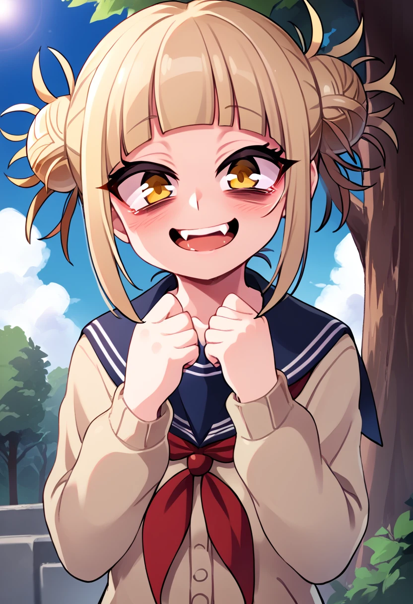 
score_9_up, score_8_up, score_7_up, source_anime,high resolution 
 Himiko Toga, 1girl, toga himiko, double bun, solo, hair bun, bangs, yellow eyes, sky, day, blonde hair, messy hair, looking at viewer, cloud, blush, blunt bangs, outdoors, blue sky, neckerchief, red neckerchief, school uniform, upper body, closed mouth, scarf, sidelocks, bags under eyes, sailor collar, teeth, serafuku, tree, frown, short hair, cardigan, smile, fang, half close eyes, holding a knife, open mouth