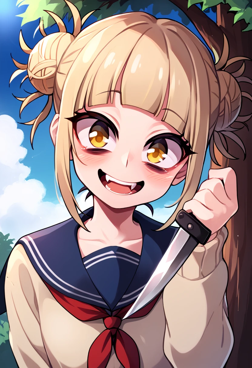 
score_9_up, score_8_up, score_7_up, source_anime,high resolution 
 Himiko Toga, 1girl, toga himiko, double bun, solo, hair bun, bangs, yellow eyes, sky, day, blonde hair, messy hair, looking at viewer, cloud, blush, blunt bangs, outdoors, blue sky, neckerchief, red neckerchief, school uniform, upper body, closed mouth, scarf, sidelocks, bags under eyes, sailor collar, teeth, serafuku, tree, frown, short hair, cardigan, smile, fang, half close eyes, holding a knife, open mouth