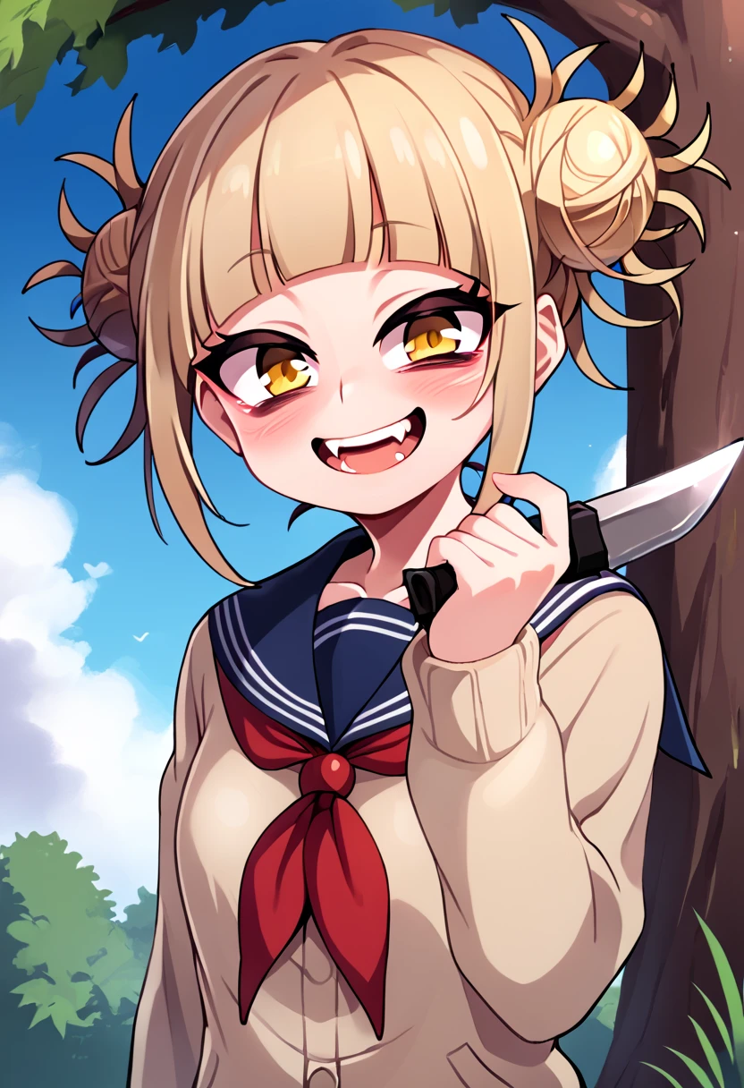 
score_9_up, score_8_up, score_7_up, source_anime,high resolution 
 Himiko Toga, 1girl, toga himiko, double bun, solo, hair bun, bangs, yellow eyes, sky, day, blonde hair, messy hair, looking at viewer, cloud, blush, blunt bangs, outdoors, blue sky, neckerchief, red neckerchief, school uniform, upper body, closed mouth, scarf, sidelocks, bags under eyes, sailor collar, teeth, serafuku, tree, frown, short hair, cardigan, smile, fang, half close eyes, holding a knife, open mouth