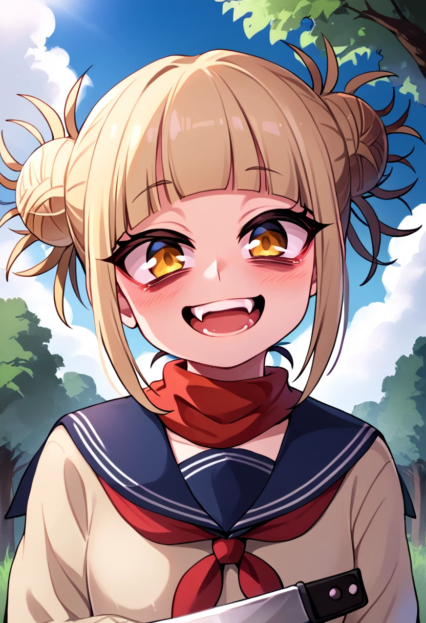 
score_9_up, score_8_up, score_7_up, source_anime,high resolution 
 Himiko Toga, 1girl, toga himiko, double bun, solo, hair bun, bangs, yellow eyes, sky, day, blonde hair, messy hair, looking at viewer, cloud, blush, blunt bangs, outdoors, blue sky, neckerchief, red neckerchief, school uniform, upper body, closed mouth, scarf, sidelocks, bags under eyes, sailor collar, teeth, serafuku, tree, frown, short hair, cardigan, smile, fang, half close eyes, holding a knife, open mouth