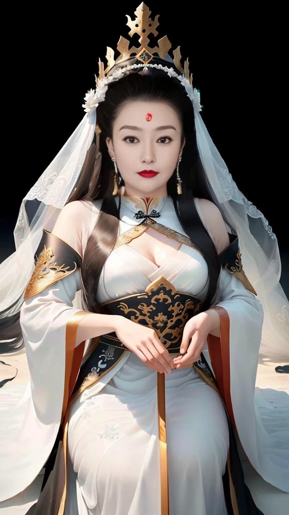 A woman in a pure black dress、Wearing a crown，Close-up of a woman covered in white sand, Beautiful fantasy queen, palace ， Girl wearing Hanfu, Queen of the Sea Mu Yanling, Hanfu, White Hanfu, Chinese Queen, Wearing ancient Chinese clothes, Inspired by Wu Bin, ((Beautiful fantasy queen)), Inspired by Lan Ying, Chinese Princess