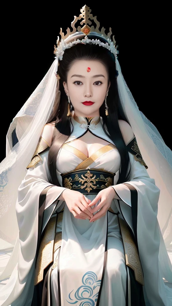 A woman in a pure black dress、Wearing a crown，Close-up of a woman covered in white sand, Beautiful fantasy queen, palace ， Girl wearing Hanfu, Queen of the Sea Mu Yanling, Hanfu, White Hanfu, Chinese Queen, Wearing ancient Chinese clothes, Inspired by Wu Bin, ((Beautiful fantasy queen)), Inspired by Lan Ying, Chinese Princess