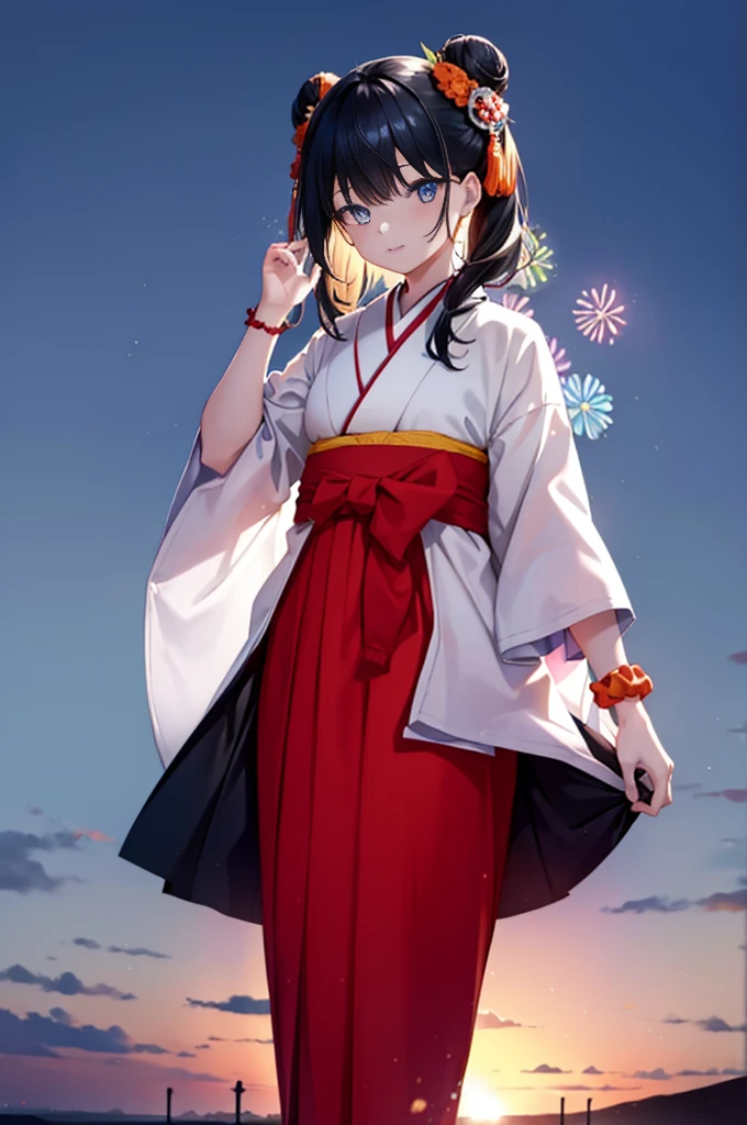 Takada Rokka, Black Hair, blue eyes, Long Hair, orange Scrunchie, Scrunchie, wrist Scrunchie,White Kimono,Thick sleeves,Long skirt,Sandals,日本のfestival,夏festivalの屋台,Red lantern,Hair Bun, double Hair Bun,happy smile, smile, Open your mouth,Fireworks,The place is a fireworks display、Time is night,Walking,whole bodyがイラストに入るように,
break outdoors, festival,
break looking at viewer, whole body,(Cowboy Shot:1. 5),
break (masterpiece:1.2), Highest quality, High resolution, unity 8k wallpaper, (shape:0.8), (Fine and beautiful eyes:1.6), Highly detailed face, Perfect lighting, Highly detailed CG, (Perfect hands, Perfect Anatomy),