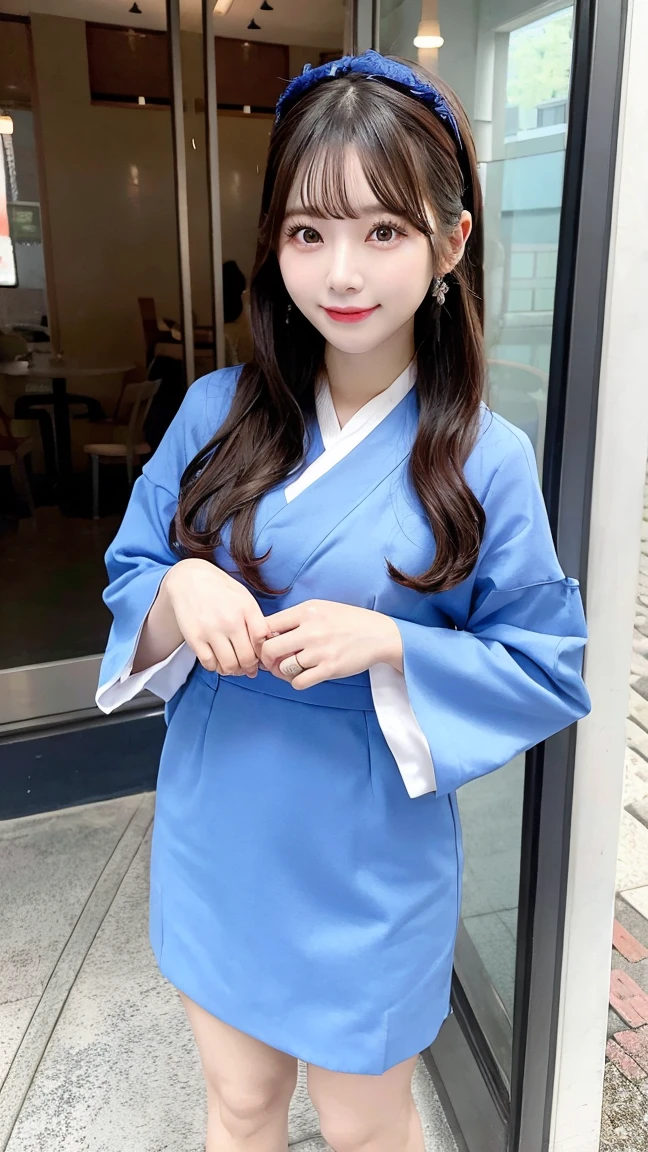 korean idol dress in blue gma person outfits, person fashion outfits, in the style of candid celebrity shots, gongbi, dolly kei, rangercore, oshare kei, matte photo, massurrealism