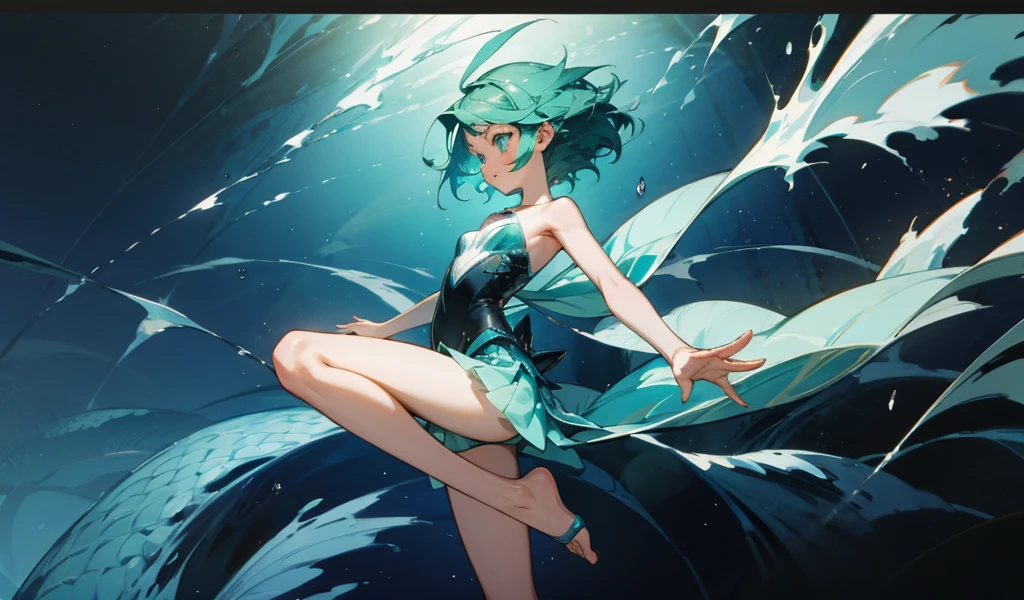 Flat-chested fish-woman with short aqua hair,Water Spirit,Transparent skirt,Scales all over the body,underwear,Bare Legs,deep sea