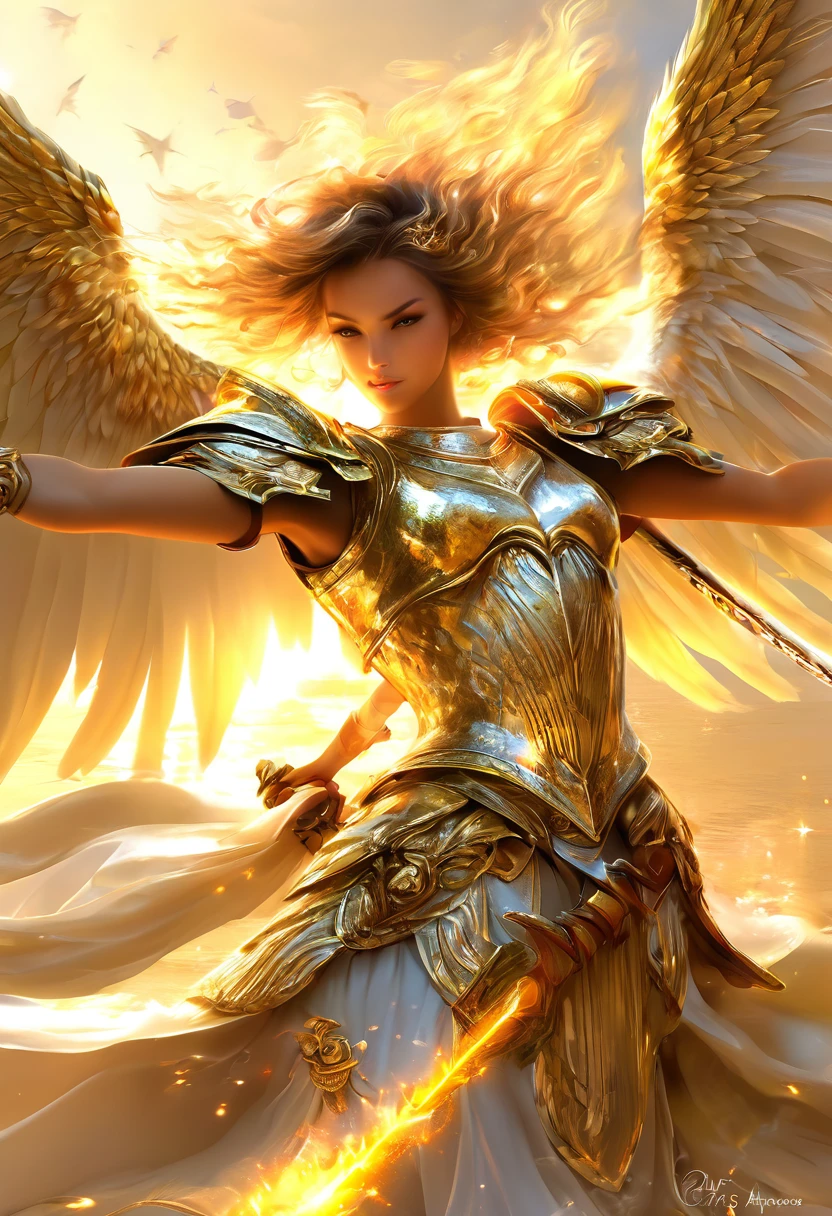 pintura de uma mulher com uma espada e uma espada na mão, arte digital by Yang J, vencedor do concurso pixiv, arte digital, full of paintings of anjos, anjoical, anjoic golden armor, beautiful anjo, anjo, archanjo, anjoic, an anjo of the dawn light, Atena deusa da sabedoria, beautiful female anjo, of beautiful anjo, tall female anjo